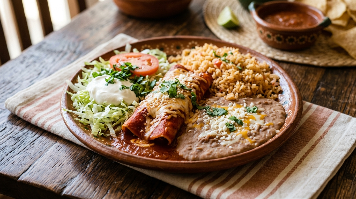 Mexican combination dinner plate with enchilada, rice and beans
