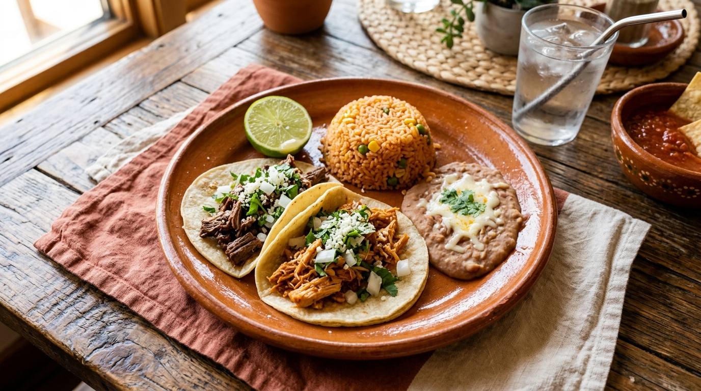 Mexican lunch combo plate with tacos, rice and beans