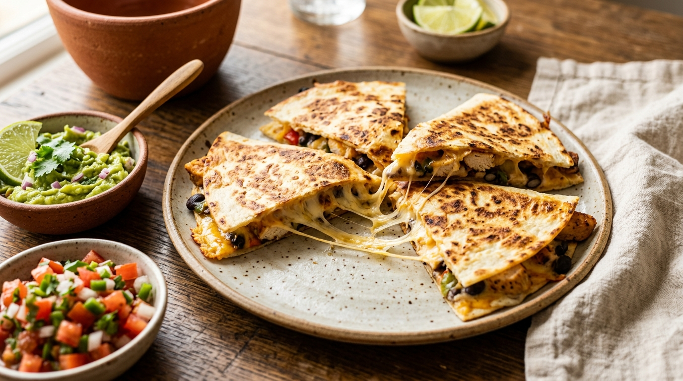 Grilled quesadilla cut into triangles with melted cheese